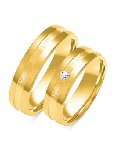 Šilkinės matinės ir blizgios faktūros auksiniai vestuviniai žiedai su deimantu