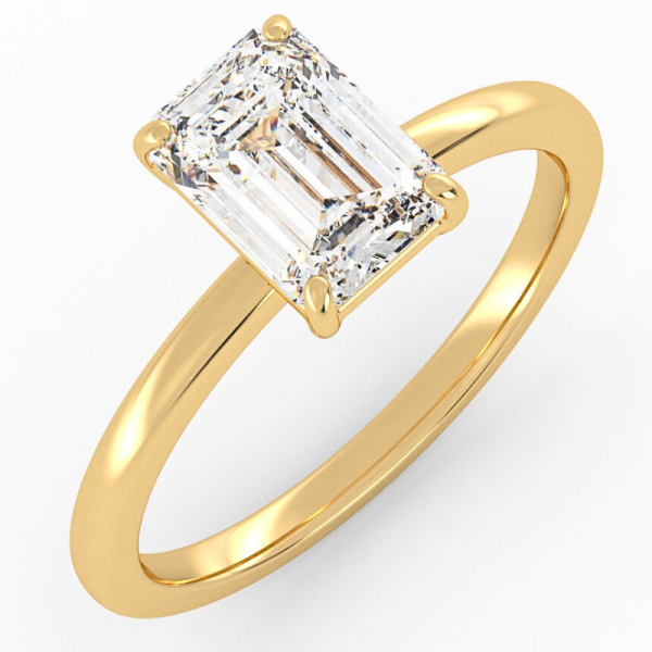 klasikinis geltono aukso sužadėtuvių žiedas su stačiakampio formos deimantu