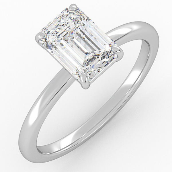 klasikinis balto aukso arba platinos sužadėtuvių žiedas su stačiakampio formos deimantu