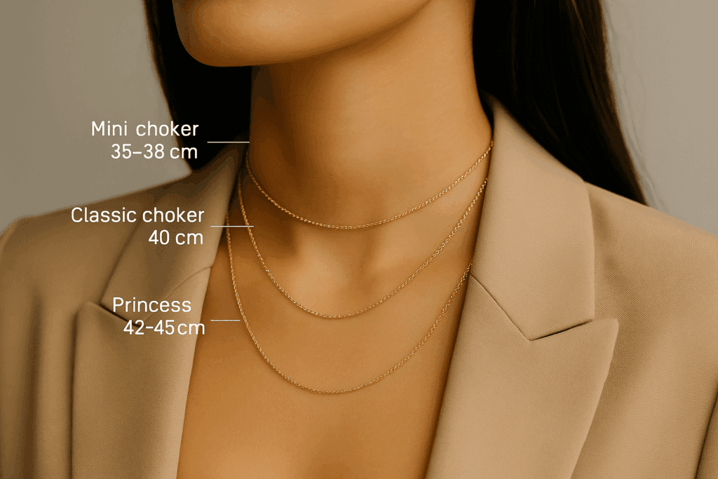 Stilingos moters kaklas su auksinėmis grandinėlėmis mini choker, klasikinė choker ir princess