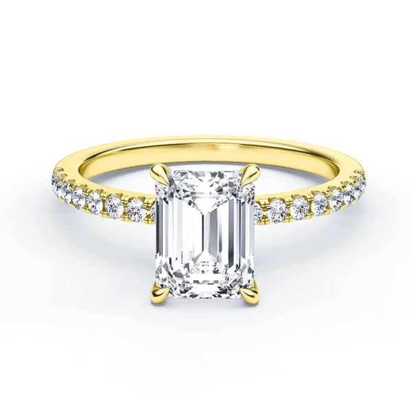 Modernus sužadėtuvių žiedas su stačiakampės formos deimantu iš geltono aukso