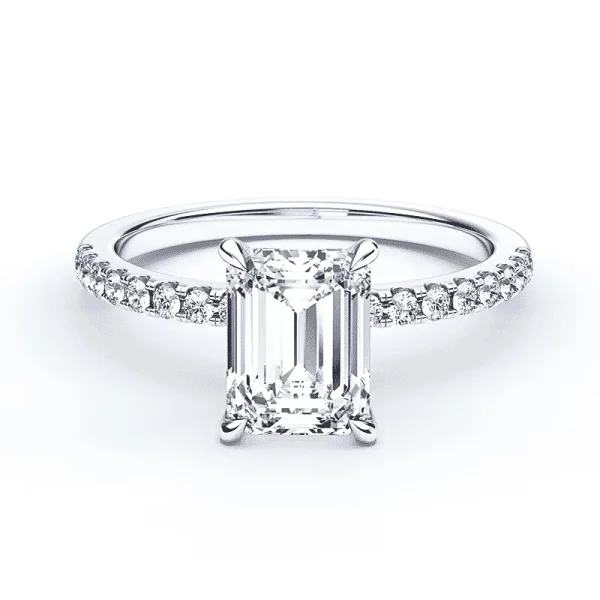 Modernus sužadėtuvių žiedas su stačiakampės formos deimantu iš balto aukso arba platinos