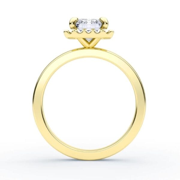 Klasikinis sužadėtuvių žiedas su deimantu ir halo juostele iš geltono aukso - emerald cut