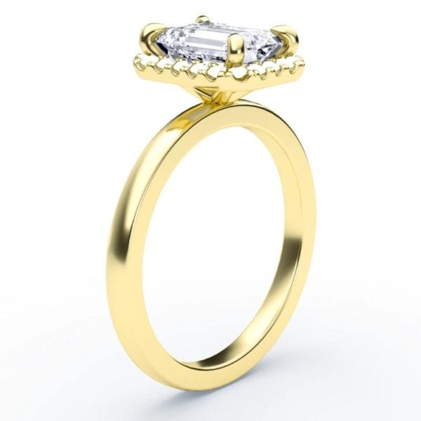 Klasikinis sužadėtuvių žiedas su deimantu ir halo juostele iš geltono aukso - emerald cut