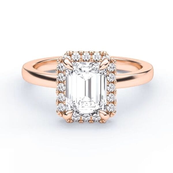 Klasikinis sužadėtuvių žiedas su deimantu ir halo juostele iš raudono aukso - emerald cut