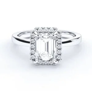 Klasikinis sužadėtuvių žiedas su deimantu ir halo juostele iš balto aukso arba platinos - emerald cut