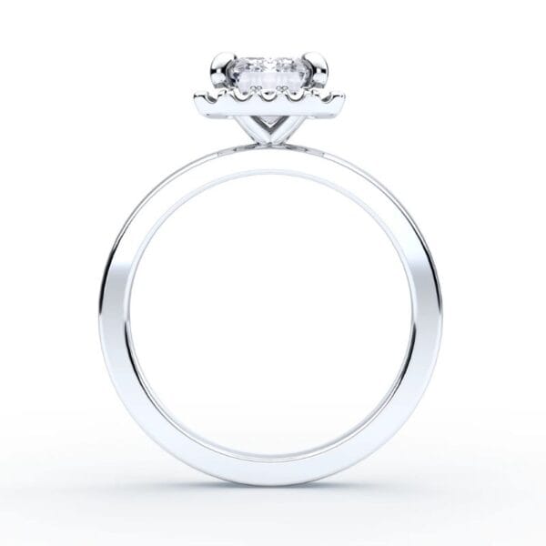 Klasikinis sužadėtuvių žiedas su deimantu ir halo juostele iš balto aukso arba platinos - emerald cut