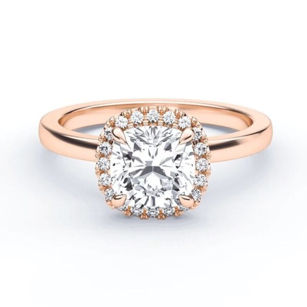 Klasikinis sužadėtuvių žiedas su deimantu ir halo juostele iš raudono aukso - cushion cut