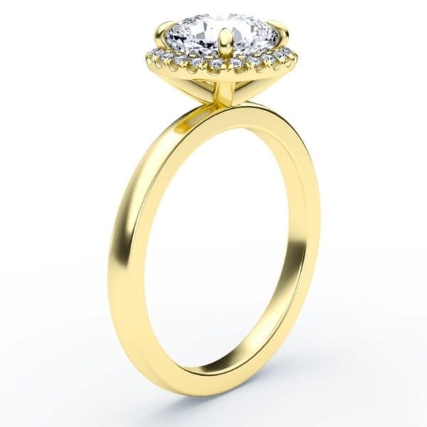 Klasikinis sužadėtuvių žiedas su deimantu ir halo juostele iš geltono aukso - cushion cut