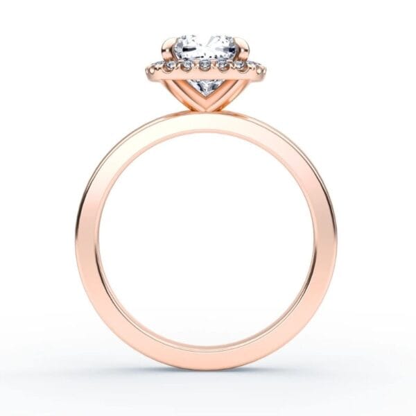 Klasikinis sužadėtuvių žiedas su deimantu ir halo juostele iš raudono aukso - cushion cut