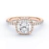 Modernus sužadėtuvių žiedas su deimantais ir halo juostele iš raudono aukso - cushion cut