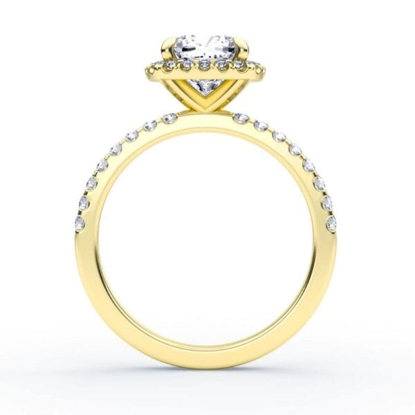 Modernus sužadėtuvių žiedas su deimantais ir halo juostele iš geltono aukso - cushion cut