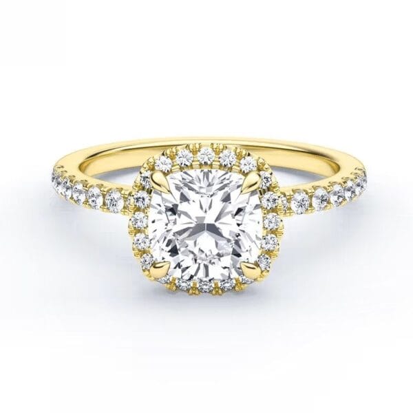 Modernus sužadėtuvių žiedas su deimantais ir halo juostele iš geltono aukso - cushion cut
