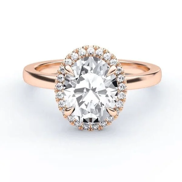Klasikinis sužadėtuvių žiedas su deimantu ir halo juostele iš raudono aukso - oval cut