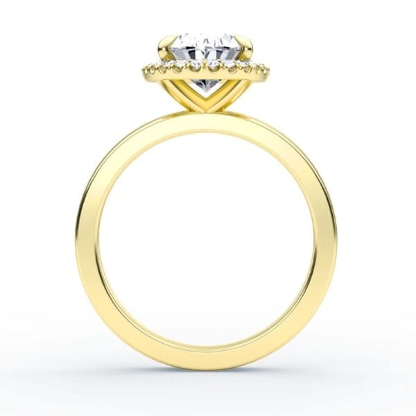 Klasikinis sužadėtuvių žiedas su deimantu ir halo juostele iš geltono aukso - oval cut