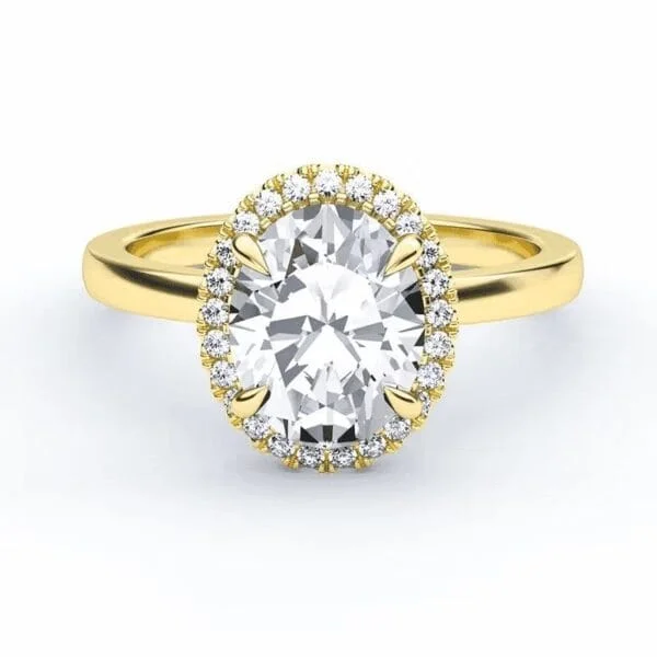 Klasikinis sužadėtuvių žiedas su deimantu ir halo juostele iš geltono aukso - oval cut