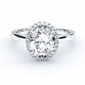 Klasikinis sužadėtuvių žiedas su deimantu ir halo juostele iš balto aukso arba platinos - oval cut