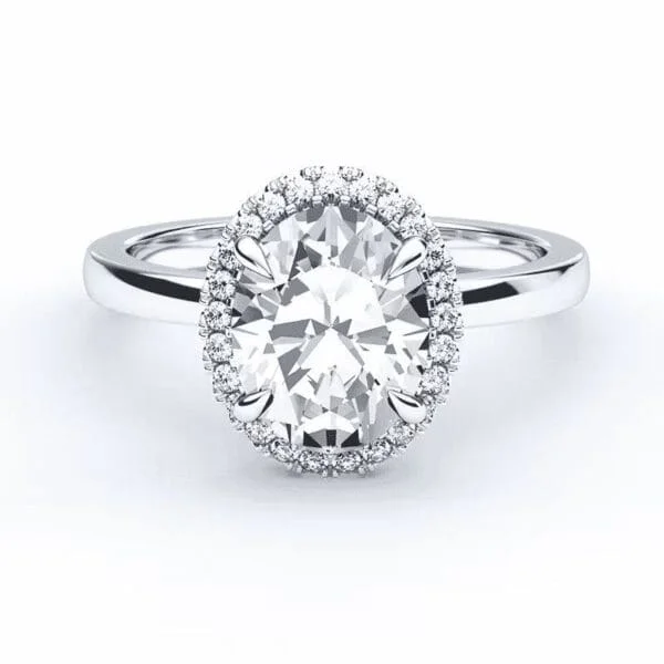 Klasikinis sužadėtuvių žiedas su deimantu ir halo juostele iš balto aukso arba platinos - oval cut