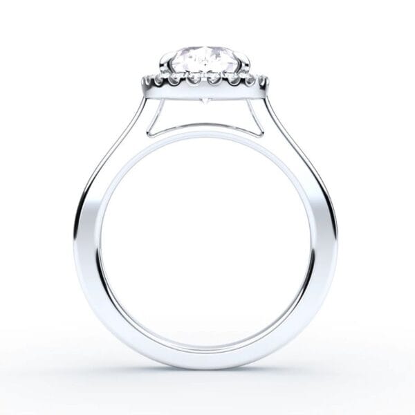 Modernus sužadėtuvių žiedas su deimantu ir halo juostele iš balto aukso arba platinos - pear cut