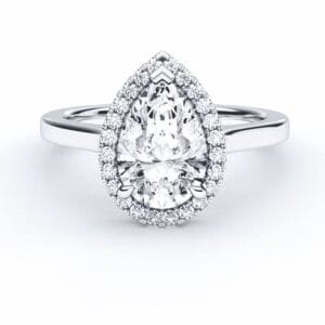 Modernus sužadėtuvių žiedas su deimantu ir halo juostele iš balto aukso arba platinos - pear cut