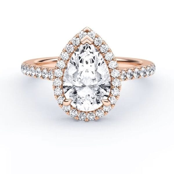 Modernus sužadėtuvių žiedas su deimantais ir halo juostele iš raudono aukso - pear cut