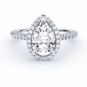 Modernus sužadėtuvių žiedas su deimantais ir halo juostele iš balto aukso arba platinos - pear cut