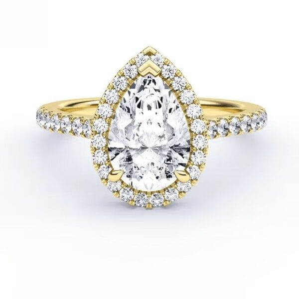 Modernus sužadėtuvių žiedas su deimantais ir halo juostele iš geltono aukso - pear cut