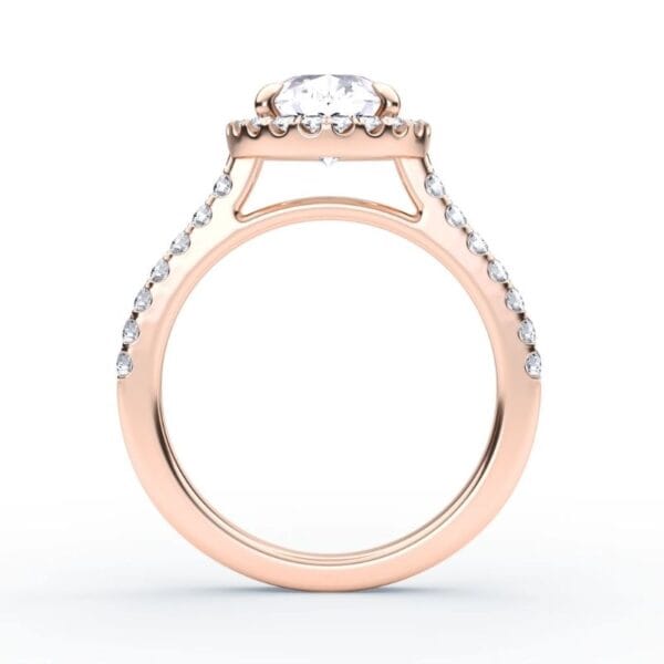 Modernus sužadėtuvių žiedas su deimantais ir halo juostele iš raudono aukso - pear cut