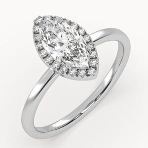 Klasikinis sužadėtuvių žiedas su deimantu ir halo juostele iš balto aukso arba platinos - maquise cut