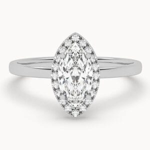 Klasikinis sužadėtuvių žiedas su deimantu ir halo juostele iš balto aukso arba platinos - maquise cut