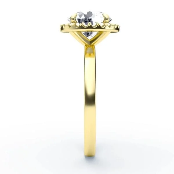 Klasikinis sužadėtuvių žiedas su deimantu ir halo juostele iš geltono aukso - round cut briliantas