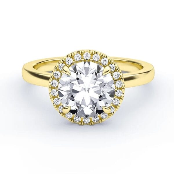 Klasikinis sužadėtuvių žiedas su deimantu ir halo juostele iš geltono aukso - round cut briliantas