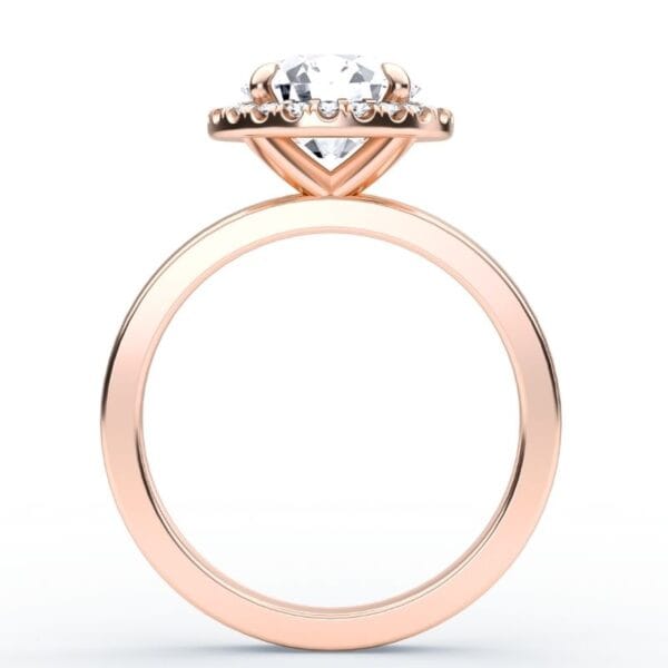 Klasikinis sužadėtuvių žiedas su deimantu ir halo juostele iš raudono aukso - round cut briliantas