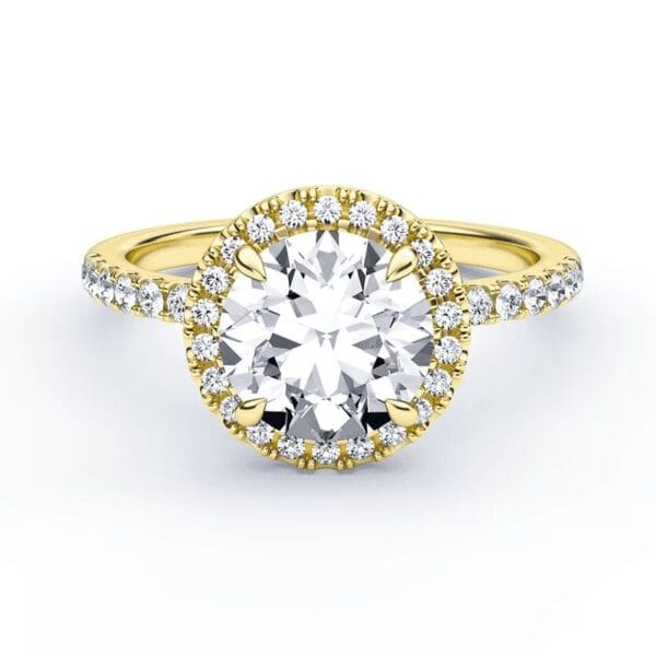 Modernus sužadėtuvių žiedas su deimantu ir halo juostele iš geltono aukso - round cut briliantas