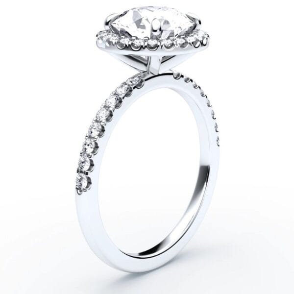 Modernus sužadėtuvių žiedas su deimantu ir halo juostele iš balto aukso arba platinos - round cut briliantas