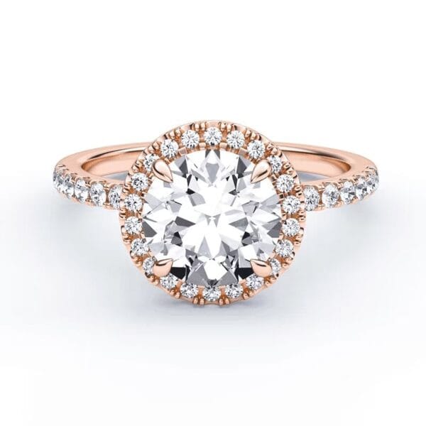 Modernus sužadėtuvių žiedas su deimantu ir halo juostele iš raudono aukso - round cut briliantas