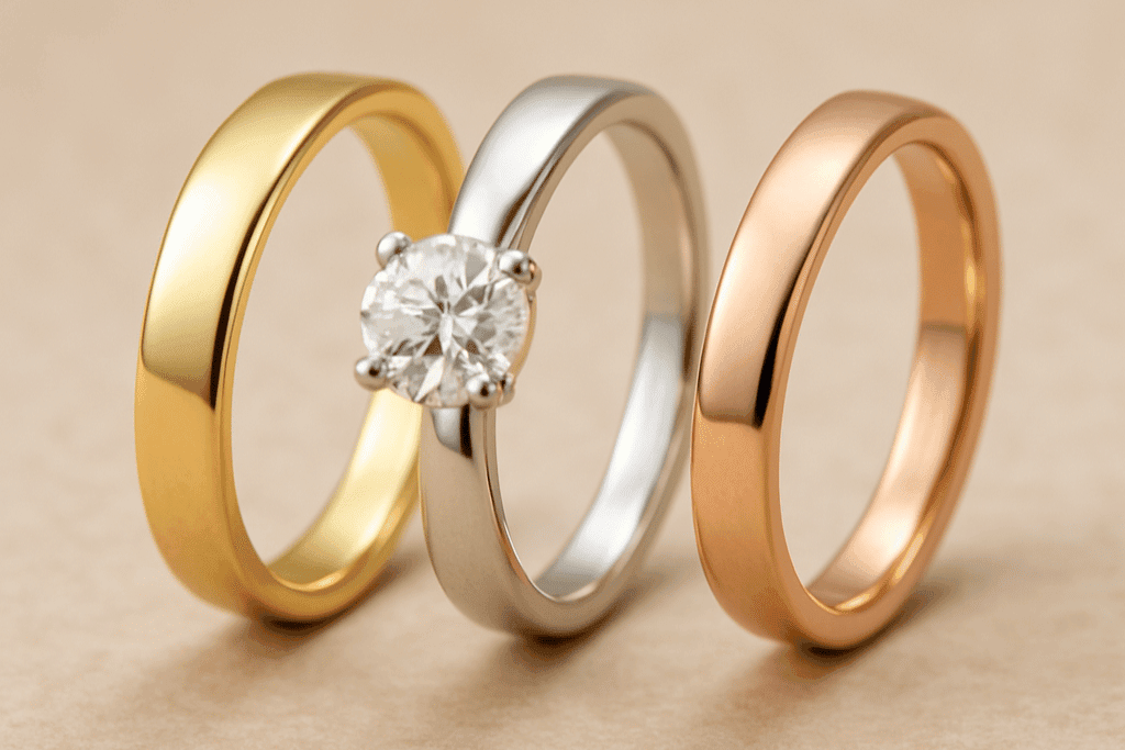 Skirtingų aukso spalvų žiedai – geltonas, baltas ir raudonas auksas