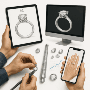 AI juvelyras eskizai, 3D vizualizacijos paruošiami per 48 val., rankų darbo gamyba, žiedo dydžio matuoklis online, virtualus pasimatavimas