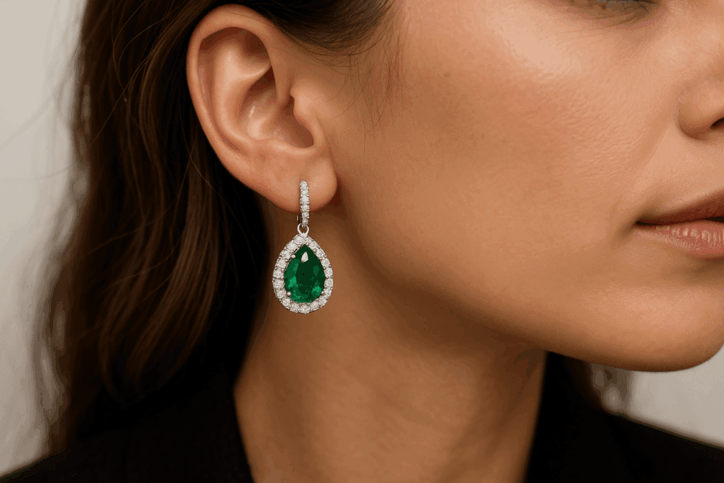 Auskarai su lašo formos smaragdais ir deimantais