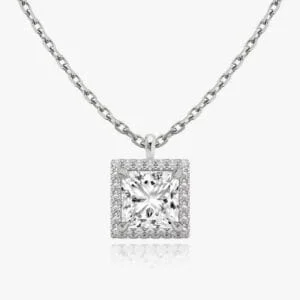 Pakabukas su kvadratinės formos deimantu ir Halo juostele iš balto aukso arba platinos