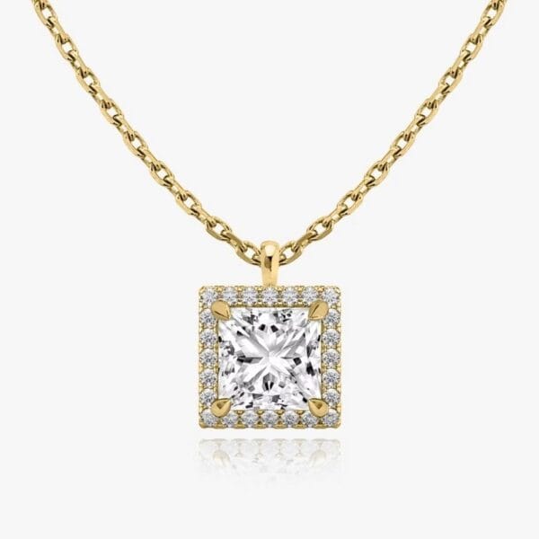 Pakabukas su kvadratinės formos deimantu ir Halo juostele iš geltono aukso