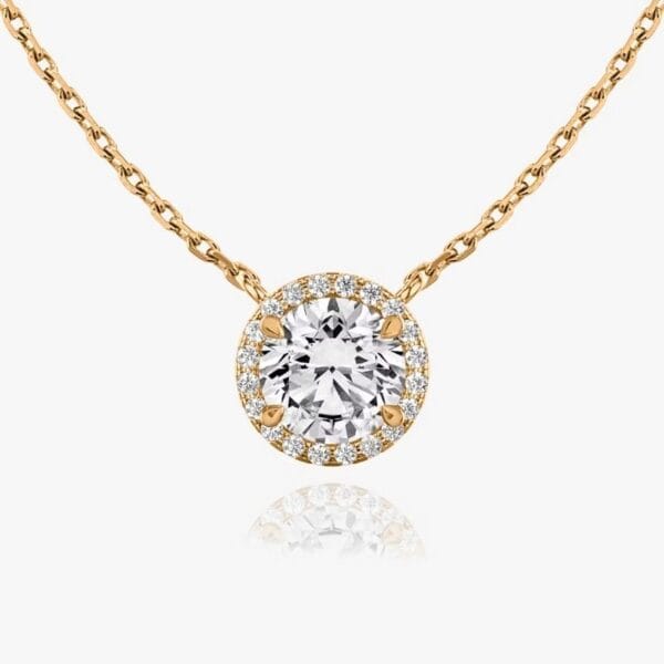 Pakabukas su apvalios formos deimantu ir Halo juostele iš raudono aukso