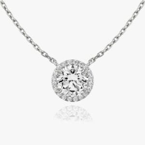 Pakabukas su apvalios formos deimantu ir Halo juostele iš balto aukso arba platinos