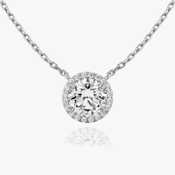 Pakabukas su apvalios formos deimantu ir Halo juostele iš balto aukso arba platinos