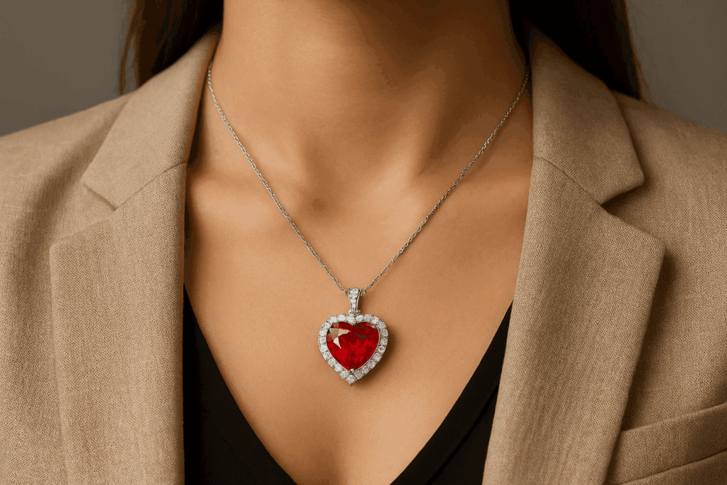 Pakabukas su rubinu sirdies formos halo dizainas centrinis Pigeon Blood rubinas apsuptas deimantais