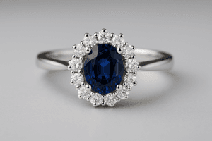 Halo dizaino sužadėtuvių žiedas iš rodžiu dengto balto aukso – centre karališkas mėlynas safyras, apsuptas briliantais