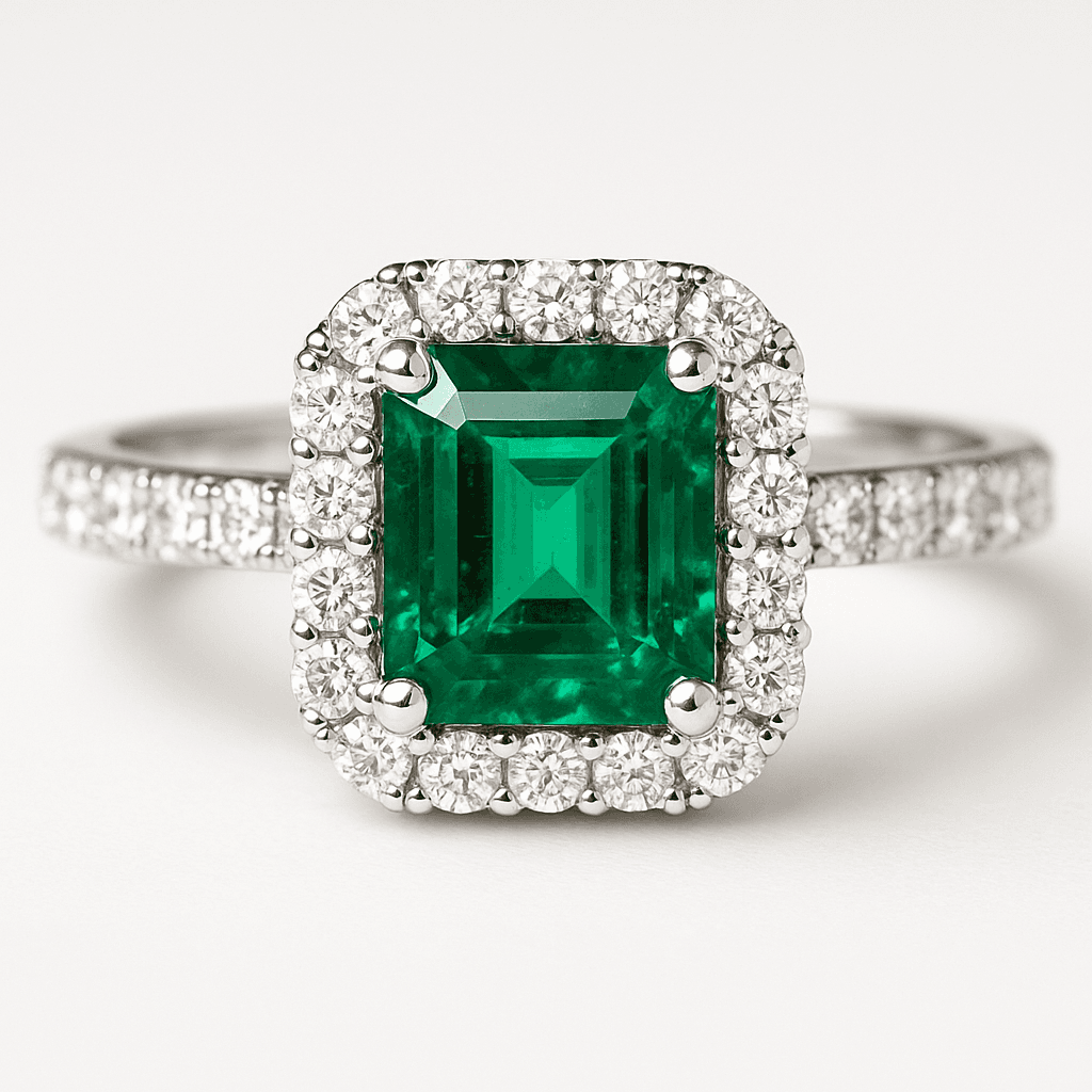 Sužadėtuvių žiedas su smaragdu ir deimantais