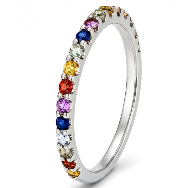 0.41 ct auksinis žiedas su spalvotais safyrais ir deimantais balto aukso