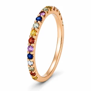 0.41 ct auksinis žiedas su spalvotais safyrais ir deimantais raudono aukso