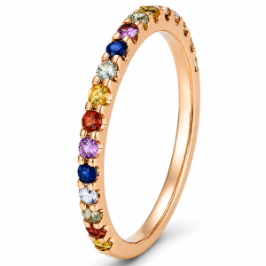 0.41 ct auksinis žiedas su spalvotais safyrais ir deimantais raudono aukso